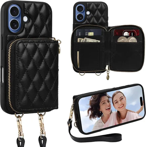 Vista 40 de Funda para iPhone 12 Pro/iPhone 12 de 6.1 pulgadas, cartera cruzada con cremallera para mujer, tarjetero con bloqueo RFID, funda de cuero con Negro