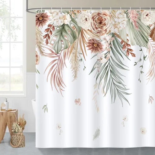 Vista 2 de Bonhause Cortina de ducha de hojas florales tostadas, cortina de baño bohemia con hojas de palmera tropicales, cortina de baño de 72 x 72 pulgadas