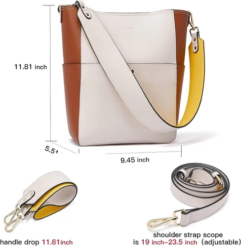 Vista 4 de BROMEN Bolso de mano de cuero para mujer, color blanco con marrón y gris