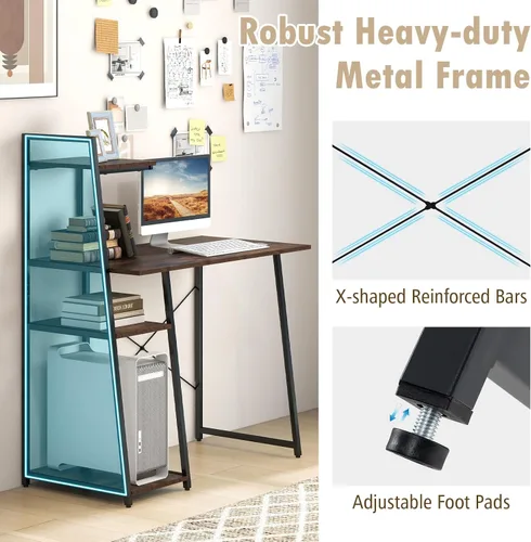 Vista 4 de COSTWAY Escritorio para computadora con estantes de almacenamiento de 4 niveles, mesa de escritorio de oficina en casa con marco resistente