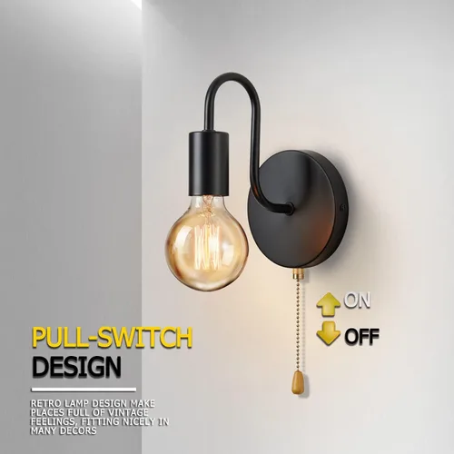 Vista 2 de Aplique de Pared Negro con Cadena de Tirar con Interruptor Luces de Pared Vintage E26 Lámpara de Pared Industrial Iluminación de Pared Retro