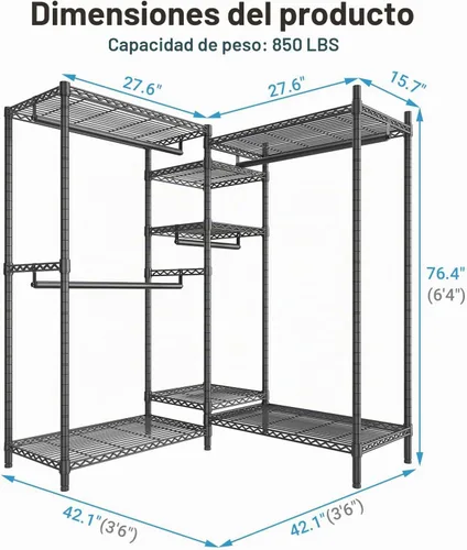 Vista 4 de VIPEK L6 - Perchero resistente para ropa de forma L, estante de ropa de 5 niveles con alambre, estante de ropa independiente con 7 estantes Negro