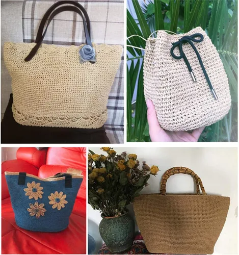 Vista 5 de Paquete de 2 cuerdas de rafia de algodón natural, rayón, hilo de rafia, para verano, sombrero de paja, bolsa de playa, bolsa de tejer a mano Negro