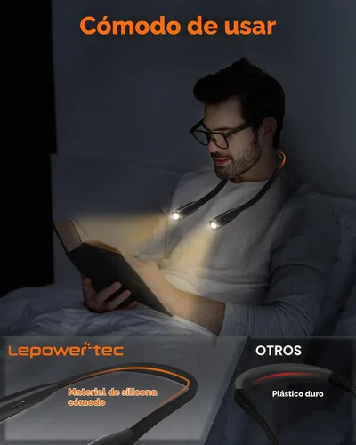 Vista 4 de LEPOWER-TEC Luz de libro, 3 colores y 5 brillos, luz de cuello de lectura