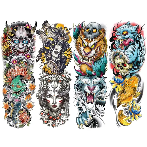 Vista 6 de 4 hojas de tatuajes temporales de brazo completo para adultos, color rosa pistola de tatuajes, impermeables, arte corporal de larga duración
