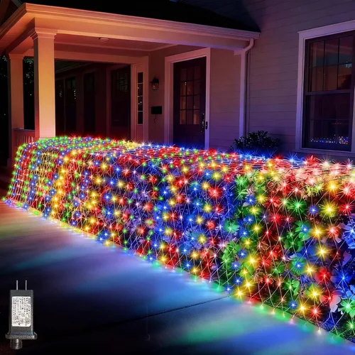 Vista 17 de LitHome Luces de red de Navidad de 14.8 x 5 pies, 300 luces LED de red blanca cálida, 8 modos de conexión, malla gigante impermeable de Navidad
