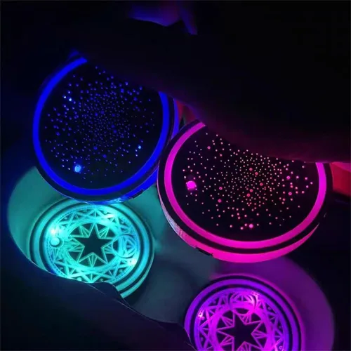 Vista 3 de Paquete de 2 posavasos con luz para automóvil, luces LED, sensor inteligente, recargable, 7 posavasos que cambian de color (A)