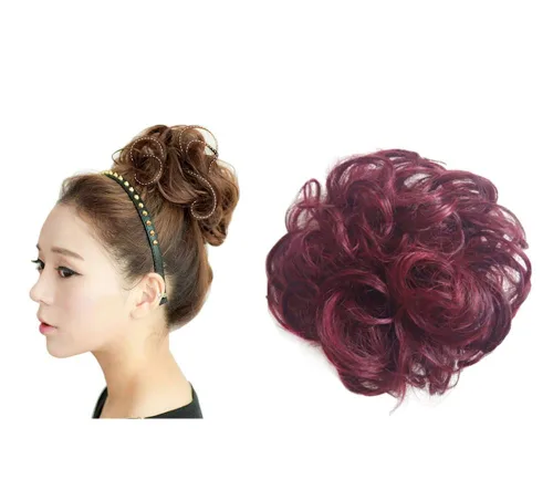 Vista 9 de Extensiones de moño sintético rizado y desordenado para mujer, color marrón y negro