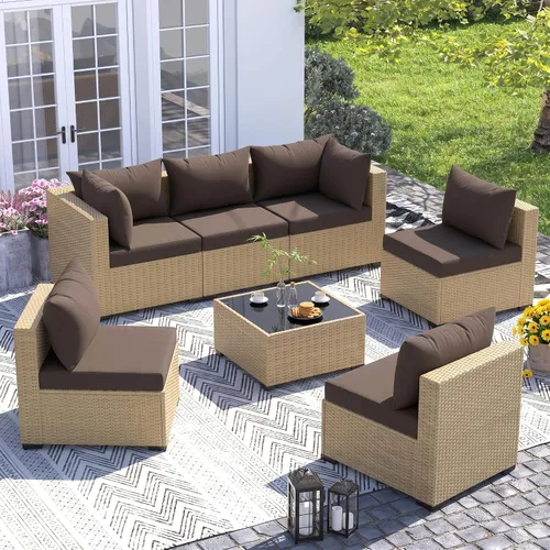 Vista 13 de UDPATIO Muebles de exterior 7 piezas de mimbre para patio, cojín Beige