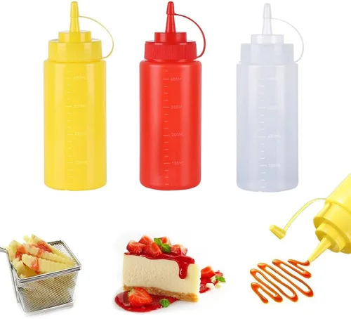 Vista 14 de Botellas de plástico de 3 colores de 12 onzas, botellas para apretar condimentos, botella multiusos para salsa de tomate, aceite, mermelada, salsa