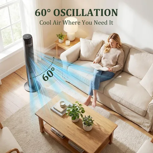Vista 5 de Tower Fan for Bedroom, Bladeless Cooling Fan with Remote, 60° Oscillating Standing Fan with 28dB Quiet for Sleep, 12H Timer, 5 Speeds 4 Modes, LED