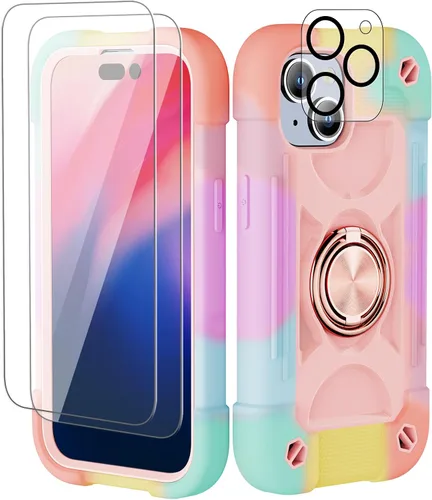 Vista 65 de Funda para iPhone 11 de 6.1 pulgadas con soporte de anillo, con 2 protectores de pantalla de vidrio, resistente a los golpes, resistente a