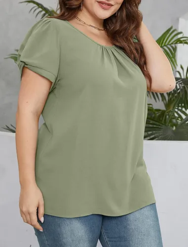 Vista 5 de Saloogoe Blusas de gasa para mujer, de manga corta, plisadas, cuello redondo, manga abombada