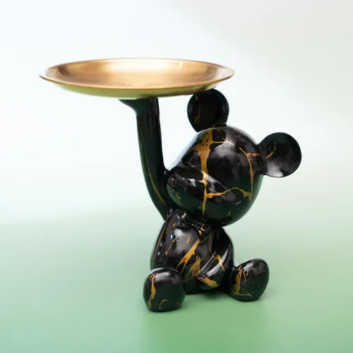 Vista 4 de Bandeja Portavellas con Escultura de Oso Decorativa, Estatua de Animal para Hogar, Bandeja de Almacenamiento para Mesa de Entrada (Negro y Oro)