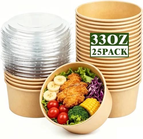 Vista 8 de Paquete de 50 cuencos de papel de 17 onzas, cuencos de ensalada desechables con tapas Octagon Disposable Bowls, Disposable Food Containers with