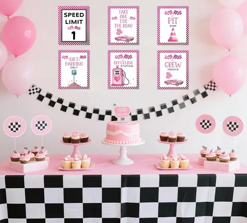 Vista 3 de Letreros de fiesta de primer cumpleaños de coche de carreras rosa, límite de velocidad, decoraciones de cumpleaños para niña, decoración rápida