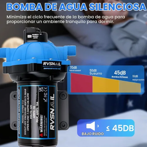 Vista 2 de Bomba de agua RV de 12 V, bomba de diafragma de 5 cámaras de 7.5 GPM 80PSI, autocebante con interruptor de presión resistente y colador para RV