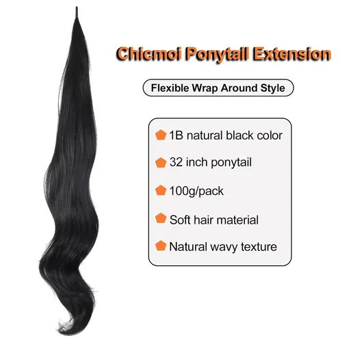 Vista 2 de Chicmoi Extensión de Cola de Caballo Negra de 32 Pulgadas Flexible, Envolvente, Extensiones de Cabello Ondulado Largo para Mujeres y Niñas, Cabello