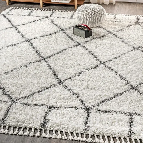 Vista 10 de JONATHAN Y Mercer Shag - Alfombra de pasillo de felpa con borlas, azul/crema, 2 x 8 pulgadas, enrejado geométrico marroquí, fácil limpieza para sala