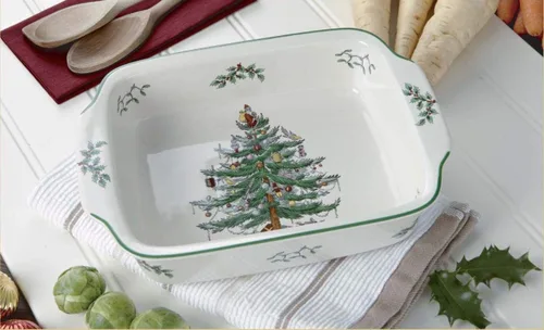 Vista 2 de Spode Plato rectangular con mango de árbol de Navidad (9 x 12 pulgadas) para hornear y platos de temporada, apto para loza, microondas