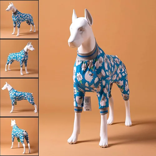 Vista 2 de LovinPet Ropa grande para perros – Pijama acogedor para perro, ajuste delgado, pijama ligero con cobertura completa – Happy Hippo Blue Prints Cuello