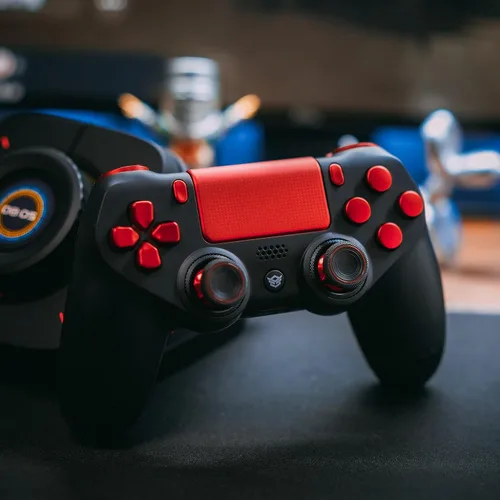 Vista 2 de HEXGAMING NEW EDGE Wireless Pro Controller Compatible with ps4-4 Remappable Back Buttons - Hair Triggers - Interchangeable Thumbsticks - Black Red
