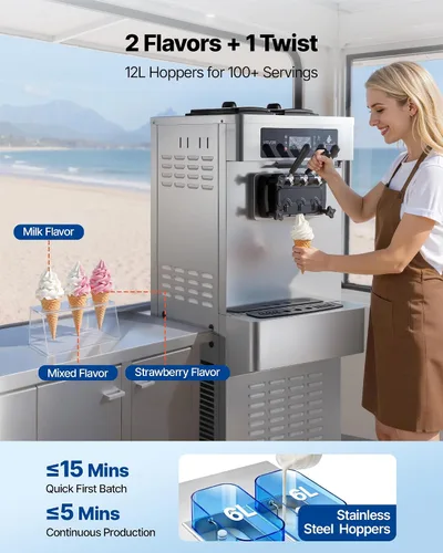 Vista 5 de VEVOR Máquina de helados comercial, 20-28L/H de rendimiento 2200 W, máquina de helado suave independiente con 3 sabores, 2 tolvas de 6 L, bomba