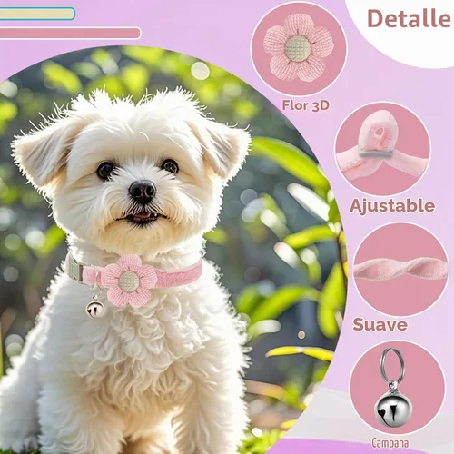 Vista 2 de Collar para perros pequeños con flor, Collares para cachorros XS, Collares para perros pequeños con campana para niña niño perrito pequeño (Rosa)