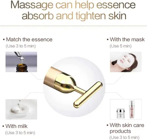 Vista 4 de Beauty Bar - Rodillo masajeador facial de oro de 24 quilates, rodillo 3D eléctrico 2 en 1 y barra de belleza energética en forma de T