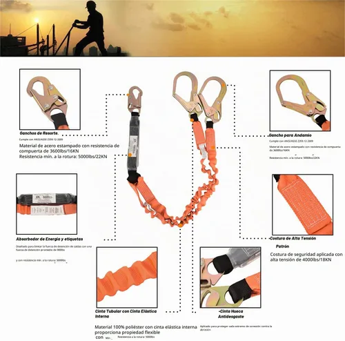 Vista 6 de Kit de arnés de seguridad de protección contra caídas industrial con anillos 3D con doble pierna de 6 pies, cordón elástico con amortiguador