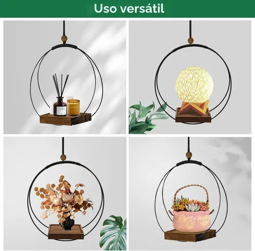 Vista 3 de Maceta colgante para plantas de interior, colgador de plantas negro para interiores con base de madera resistente, colgador de plantas de macramé