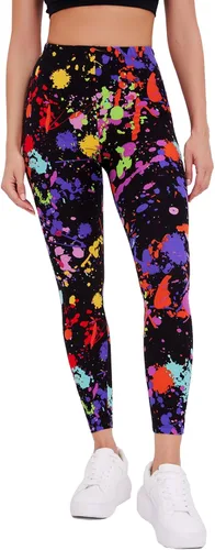 Vista 22 de sissycos - Leggings para mujer de los años 80 con estampado neón salpicado artístico, suaves como la seda y elásticas Splash abstracto