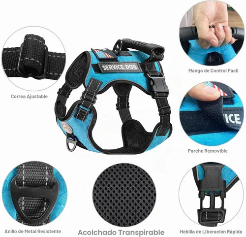 Vista 4 de Cymiler Chaleco de servicio para perro, arnés y correa para perro, arnés ajustable Oxford reflectante con asa para entrenamiento al aire libre Azul