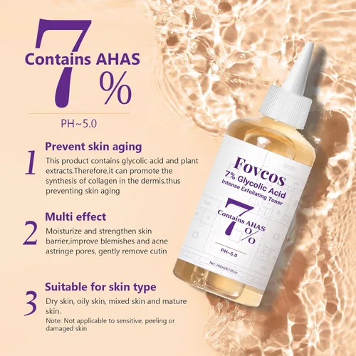 Vista 2 de Tónico exfoliante de ácido glicólico al 7%, tónico facial exfoliante para el cuidado de la piel, mejora la textura, reduce los brotes de poros