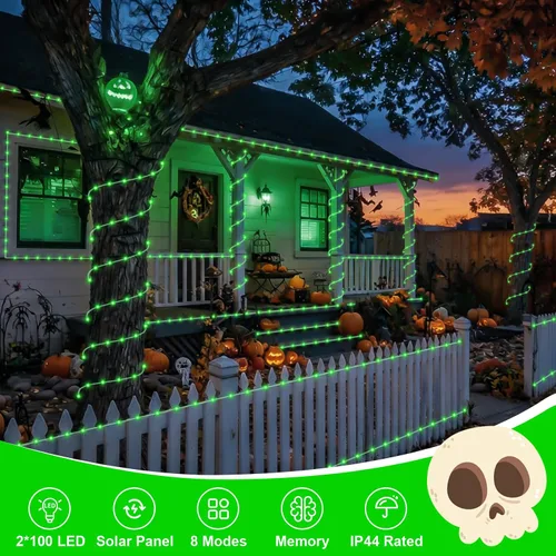 Vista 2 de QITONG Paquete de 2 luces solares verdes, cada cadena de 100 luces LED de 33 pies para exteriores, 8 modos de luces de hadas en tubo de PVC