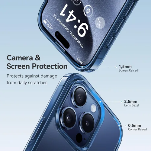 Vista 4 de CASEKOO Funda azul para iPhone 15 Pro Max, tecnología nunca amarilla, protección de grado militar de 10 pies, funda delgada transparente