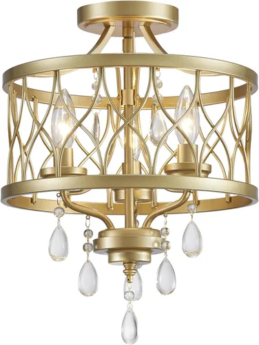 Vista 22 de Lámpara de techo de cristal, moderna lámpara de araña pequeña, lámpara de techo semiempotrada dorada de granja, accesorios de iluminación de pasillo