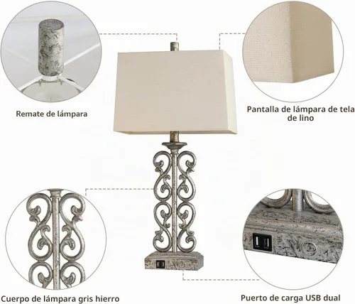 Vista 5 de AIEAMPDO Juego de 2 lámparas de mesa de resina estilo granja táctiles de 25" con 2 puertos USB, regulables de 3 vías, rústicas vintage, lámparas