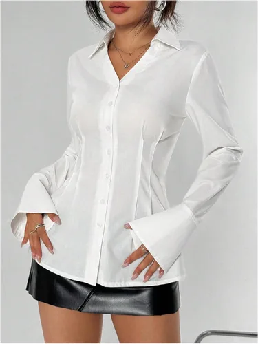 Vista 4 de GORGLITTER Blusa ajustada con botones para mujer, manga acampanada, para oficina, trabajo, cintura ceñida