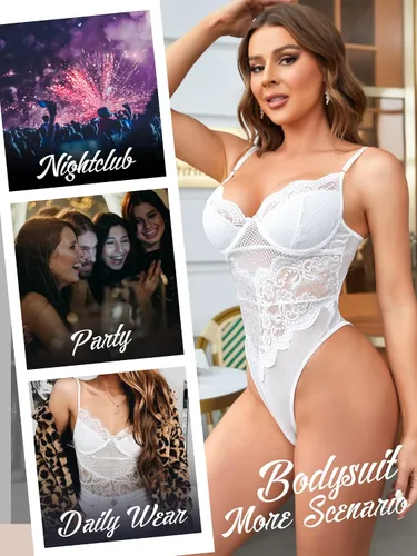Vista 3 de popiv Women Lace Bodysuit Sexy Mesh Teddy Lingerie Cami Bustier Tops Going Out Tank Top