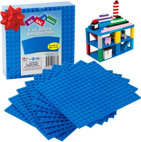 Vista 7 de Placas base para edificio de ladrillo, Placas base de 5 x 5 de color azul (10 piezas), Conectividad en ambos lados, ajuste firme para todas