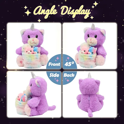 Vista 2 de Hopearl Gato de peluche LED con cubo extraíble que ilumina a mamá gata, con 3 gatitos en la canasta, juego de animales de peluche con luces