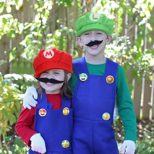 Vista 2 de Lomealy Super Bros Gorras Gorras Bigotes Tirantes Elásticos Guantes Botones Cosplay Disfraz
