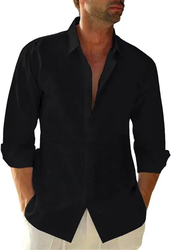 Vista 16 de JEKAOYI - Camisas de lino con botones para hombre, de manga larga, ajuste regular, de algodón, camisas de playa con bolsillo