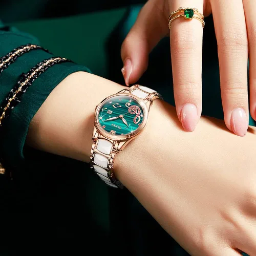Vista 2 de OLEVS Relojes para mujer, oro rosa, de dos tonos, de moda, de cerámica, blanco, esfera rosa, roja, acero inoxidable, fecha impermeable