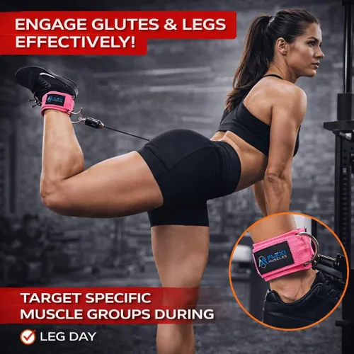 Vista 4 de Correas de tobillo Flexi MusCLES para máquinas de cable. Nuestras cómodas correas acolchadas ajustables para entrenamiento de tobillo con doble