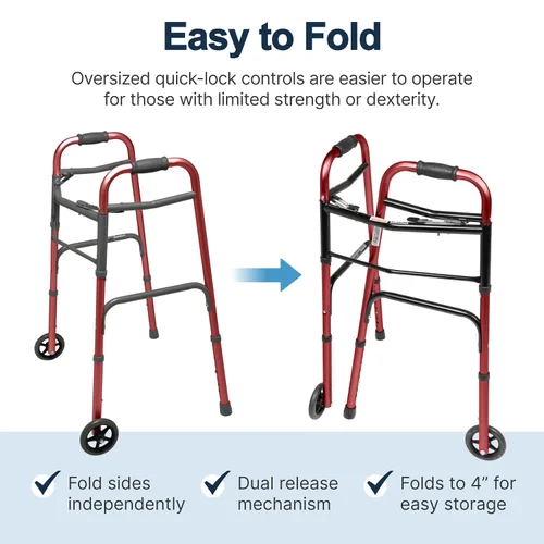 Vista 4 de Lumex ColorSelect Walker, Andador ligero y plegable de 2 ruedas para adultos y personas mayores, rojo