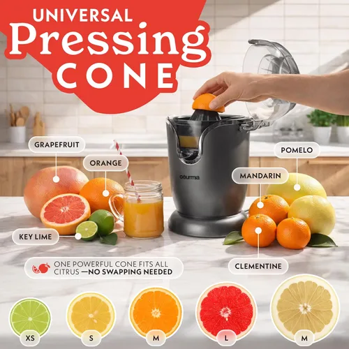Vista 2 de Gourmia Exprimidor de Cítricos Automático de Mano con Operación de Un Toque - Cono Universal, Boquilla Antigoteo, Accesorios Aptos
