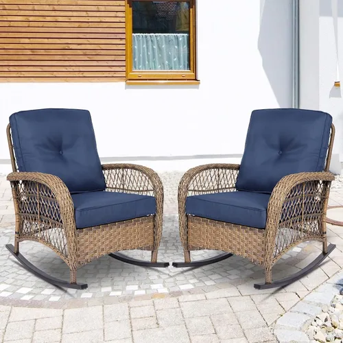 Vista 12 de Mecedora de mimbre para exteriores, silla mecedora de ratán para patio con marco de acero, silla mecedora para césped, muebles de patio, mimbre Beige
