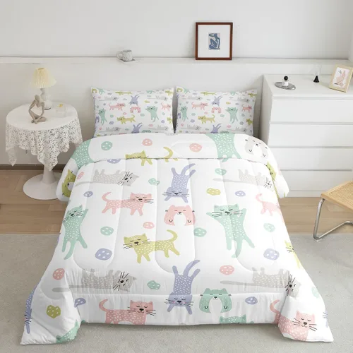 Vista 40 de Feelyou Juego de edredón de dibujos animados de gatos, juego de edredón de gatitos y flores, para niños, niñas, adolescentes, mascotas, gatos, juego